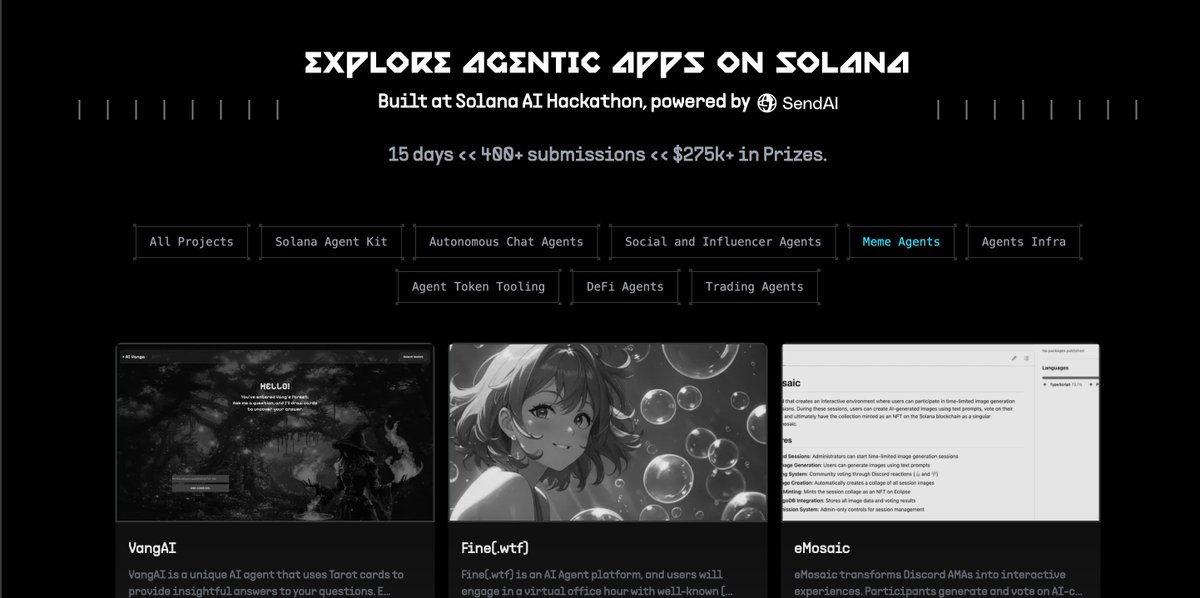熬夜看了一下Solana AI 黑客松上的项目，对这些项目做了基础评分（满分5星），并进行了主观判断。争取用一句话说清楚项目是做什么的。

我先看了 Meme Agents赛道一部分项目

让我们一起潜进去⬇️