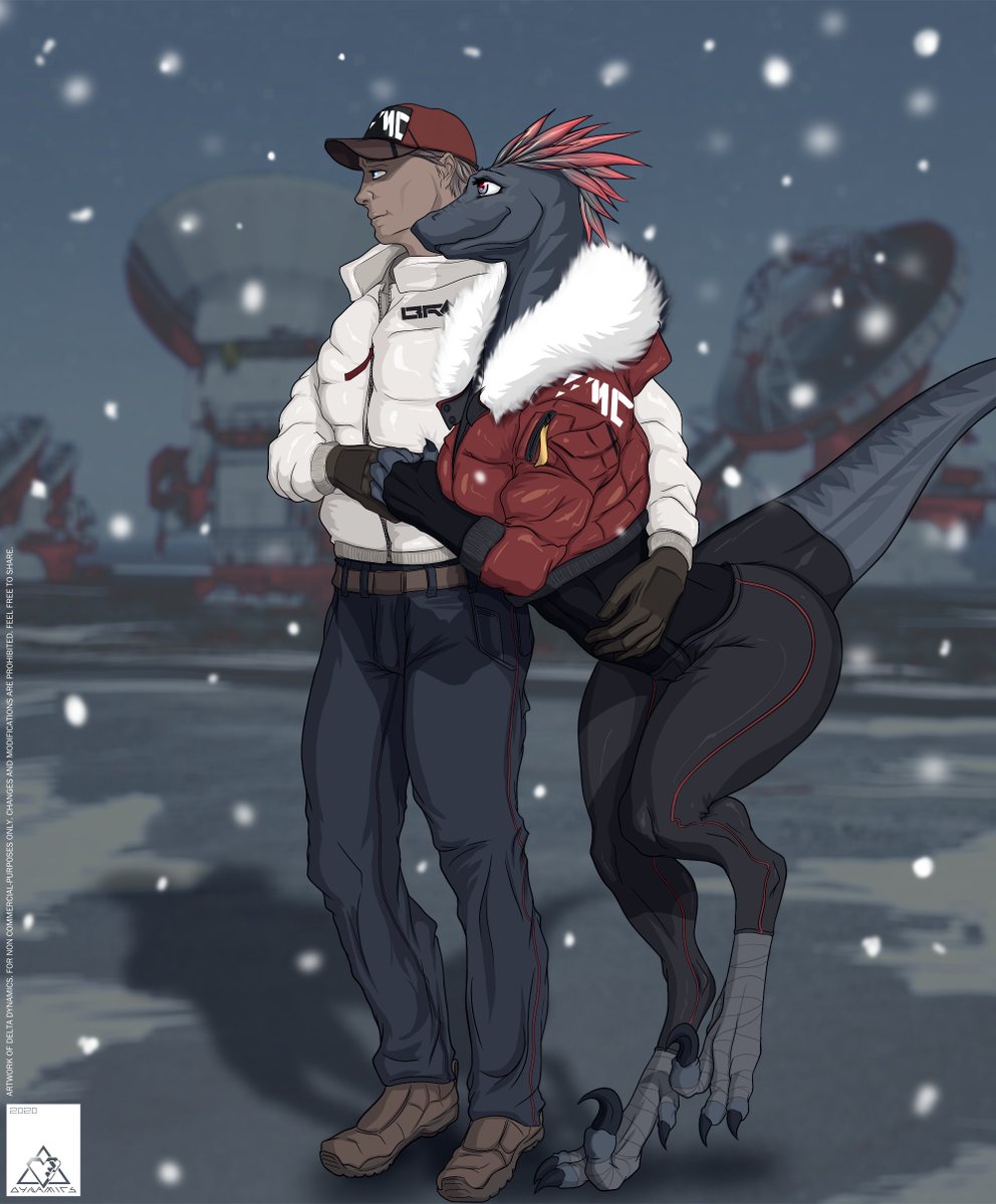 It's new year. In the Cataclysm Universe, it's Mars National Day. Alani takes Bunny out to watch the celebrations. A walk in the cold, together, to enjoy the beginning of a new year. 🧨💥🍻🦖💕
Happy new year! 

#deltadynamics #raptorwaifu #raptorgirlfriend #bunnyraptor