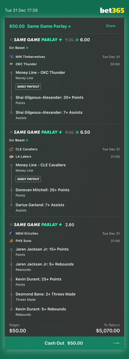 playurprops's tweet photo. NEW YEARS EVE NBA PARLAY! 

#parlay #sportsbetting #samegameparlay
@NBA @bet365 https://t.co/Qn6zrBavOM