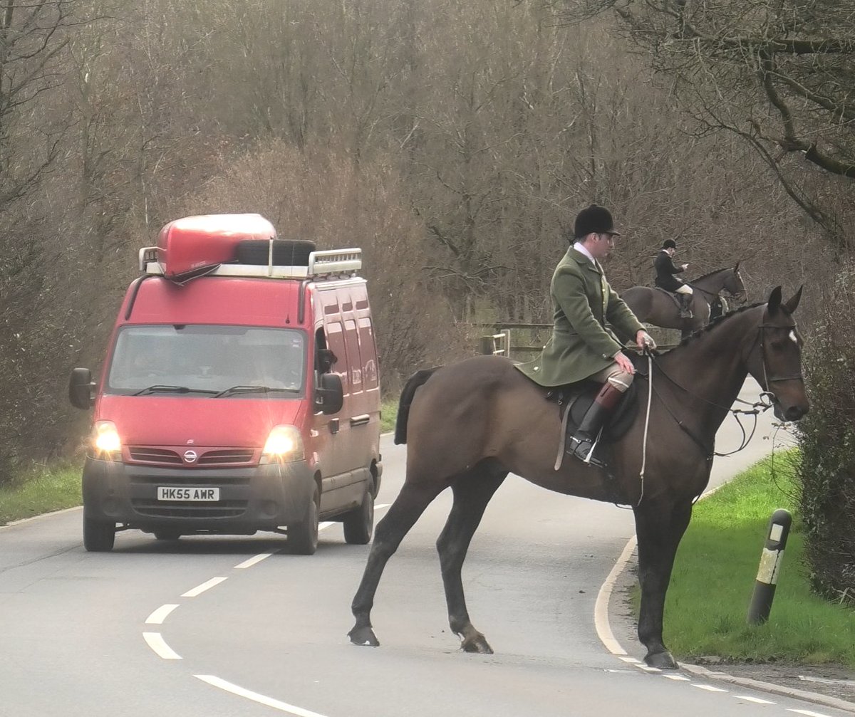Beyond arrogant - BSV riders standing on point in the middle of a main road and making traffic go around them while they wait for a terrified fox to run out. With <a href="/DorsetMonitor/">Dorset Hunt Monitor</a>