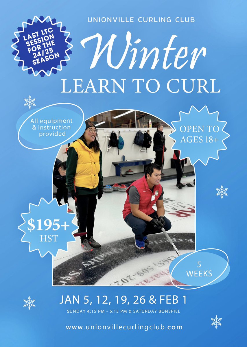 unionvillecurl's tweet image. Start 2025 by learning something new!

We still have some spots left in our Winter Learn to Curl, which is our last one for the 2024-2025 season. 

Don’t miss out! 

We can’t wait to meet you out on the ice!

unionvillecurlingclub.com/index.php/even…

#learntocurl #curling #GTArocks