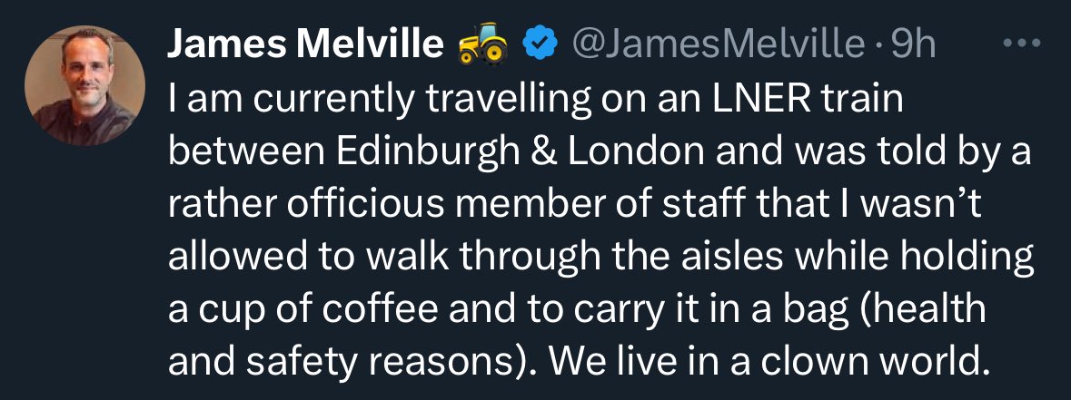 MylesInTheNorth's tweet photo. Nonsense. People do this all the time on trains. It’s literally how you take a coffee from the buffet car back to your seat. https://t.co/D7zP43tJR8
