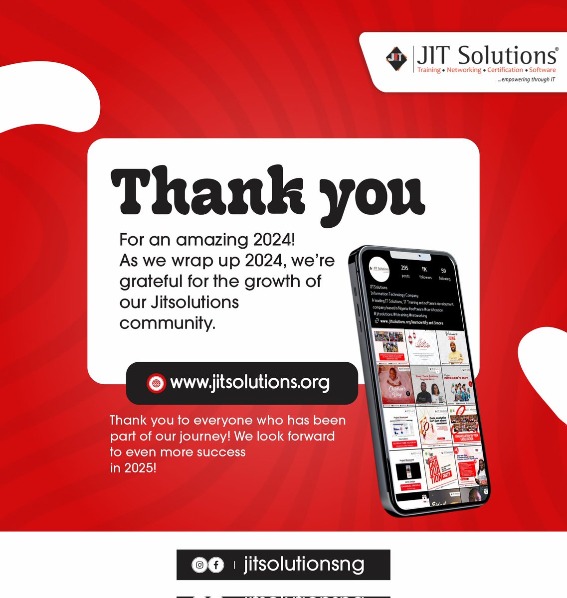 jitsolutionsng's tweet image. Thank You for an Amazing 2024! 🎉
As we wrap up 2024, we’re grateful for the growth of our community:

Thank you to everyone who has been part of our journey!
We look forward to even more success in 2025!

#Jitsolutions #2024Milestones #ThankYou