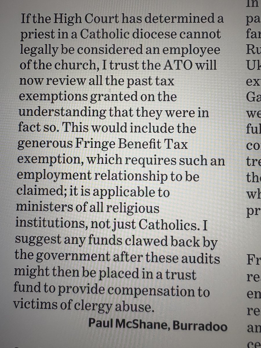 High Court rules that Catholic priests are not employees. If so the church is not entitled to all the generous tax exemptions from which they have benefited by claiming priests ARE employees. SMH letter writer raises a good point. 👇⁦<a href="/ato_gov_au/">ato.gov.au</a>⁩