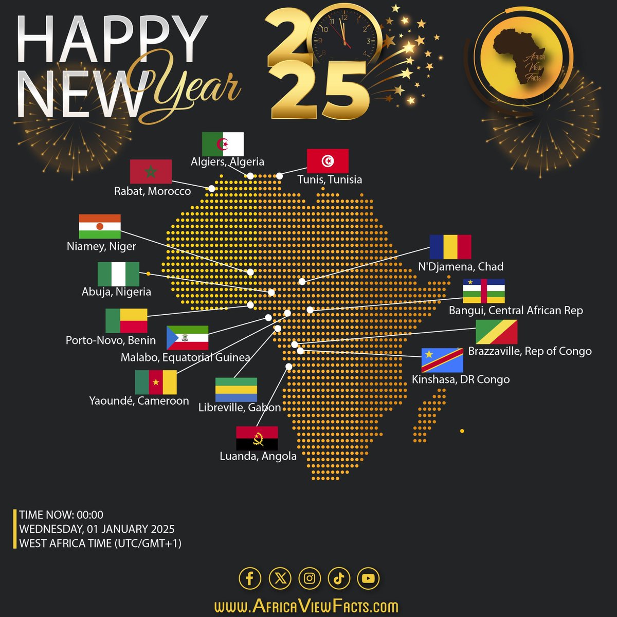 AfricaViewFacts's tweet image. Algeria 🇩🇿, Angola 🇦🇴, Benin 🇧🇯, Cameroon 🇨🇲, Central African Republic 🇨🇫, Chad 🇹🇩, Republic of Congo 🇨🇬, Democratic Republic of the Congo 🇨🇩 ( Western), Equatorial Guinea 🇬🇶, Gabon 🇬🇦, Morocco 🇲🇦, Niger 🇳🇪, Nigeria 🇳🇬 and Tunisia 🇹🇳 enters New Year 2025