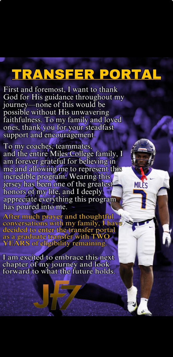 Jaquel Fells (RB) from Miles College enters the transfer portal as a Graduate Transfer with 2 years of eligibility remaining  
* Hometown: Birmingham AL