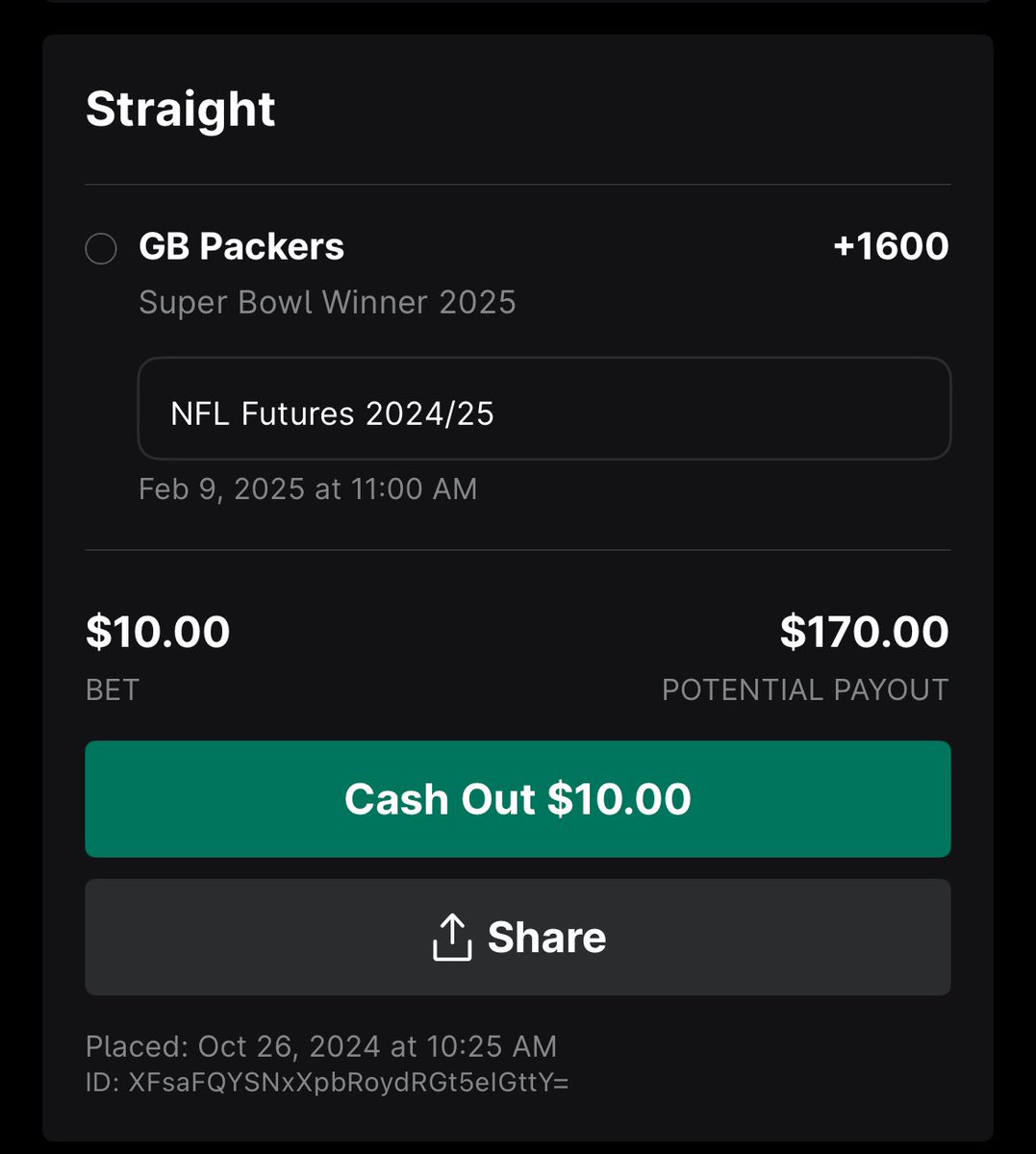 TwoInTheBush23's tweet photo. @MoneyMitchM21 Full disclosure, placed this when da bears were 4-2 bc…da bears https://t.co/bVMf2RbV52