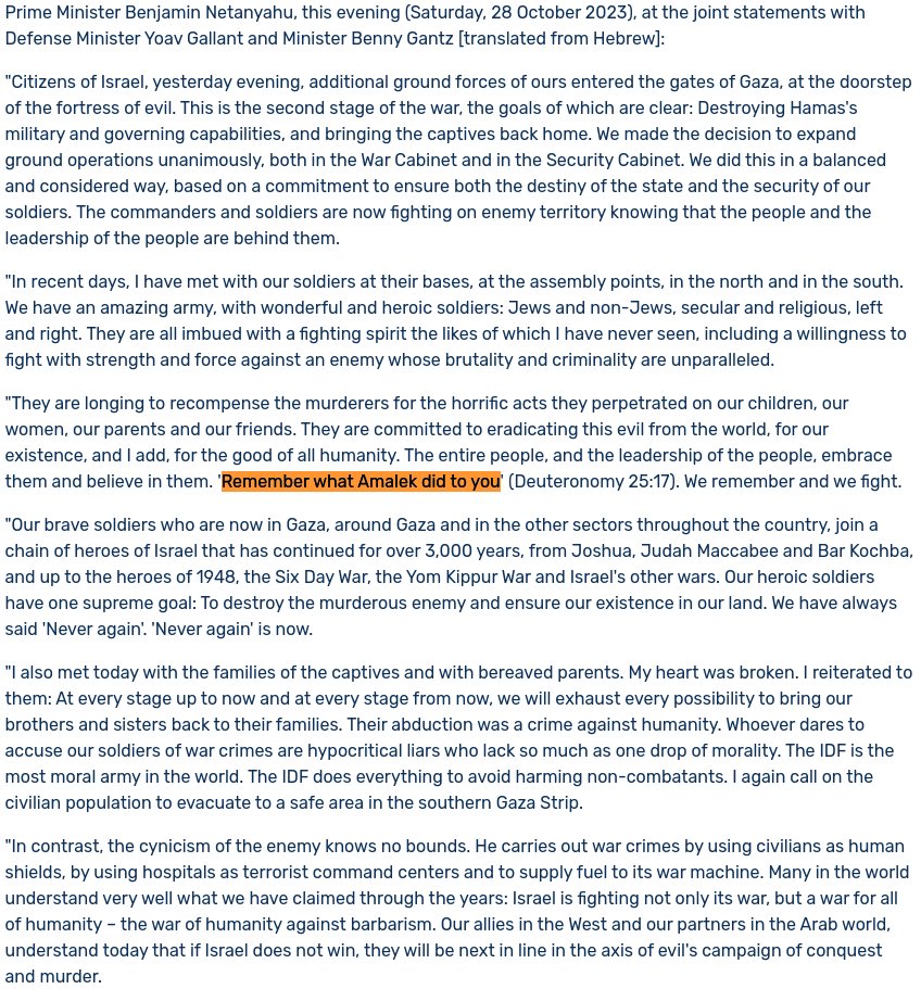 <a href="/malsaafin/">Mohammad Alsaafin</a> Their intentions became abundantly clear when Netanyahu invoked the Amalek in his speech from Oct 28, 2023:

Now go, attack the Amalekites and totally destroy all that belongs to them. Do not spare them; put to death men and women, children and infants, cattle and sheep, camels