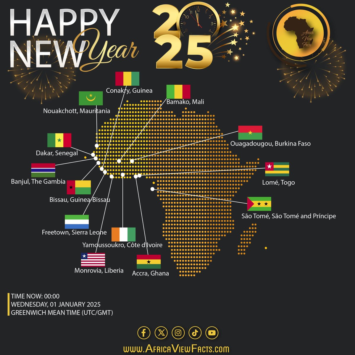 AfricaViewFacts's tweet image. Burkina Faso 🇧🇫, The Gambia 🇬🇲, Ghana 🇬🇭, Guinea 🇬🇳, Guinea-Bissau 🇬🇼, Ivory Coast 🇨🇮, Liberia 🇱🇷, Mali 🇲🇱, Mauritania 🇲🇷, Senegal 🇸🇳, Sierra Leone 🇸🇱, São Tomé and Príncipe 🇸🇹 and Togo 🇹🇬 enters New Year 2025