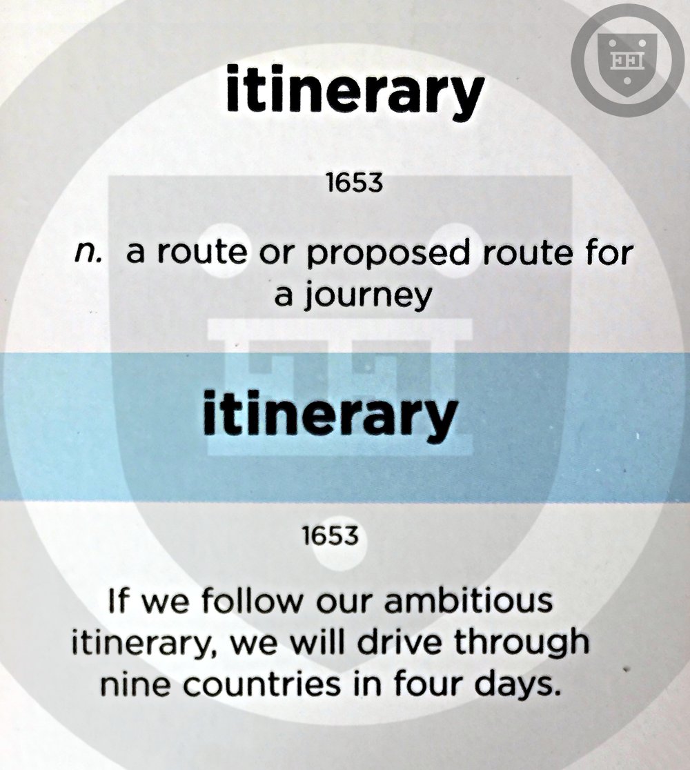 Itinerary

(n.) a route or proposed route for a journey

#vocabulary #WordoftheDay