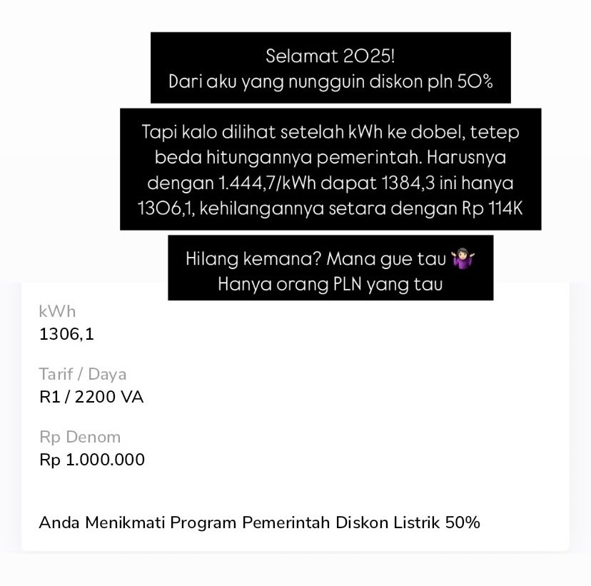 tsalinasari's tweet photo. Berhasil diskon pln 50%, tapi hitungannya gak tau harusnya dapet berapa dengan harga 1.444,7/kwh, boleh kali yah dijelasin biar kita tidak menerka tnc 🤏🏻 @pln_123 https://t.co/piqbJv9rTw