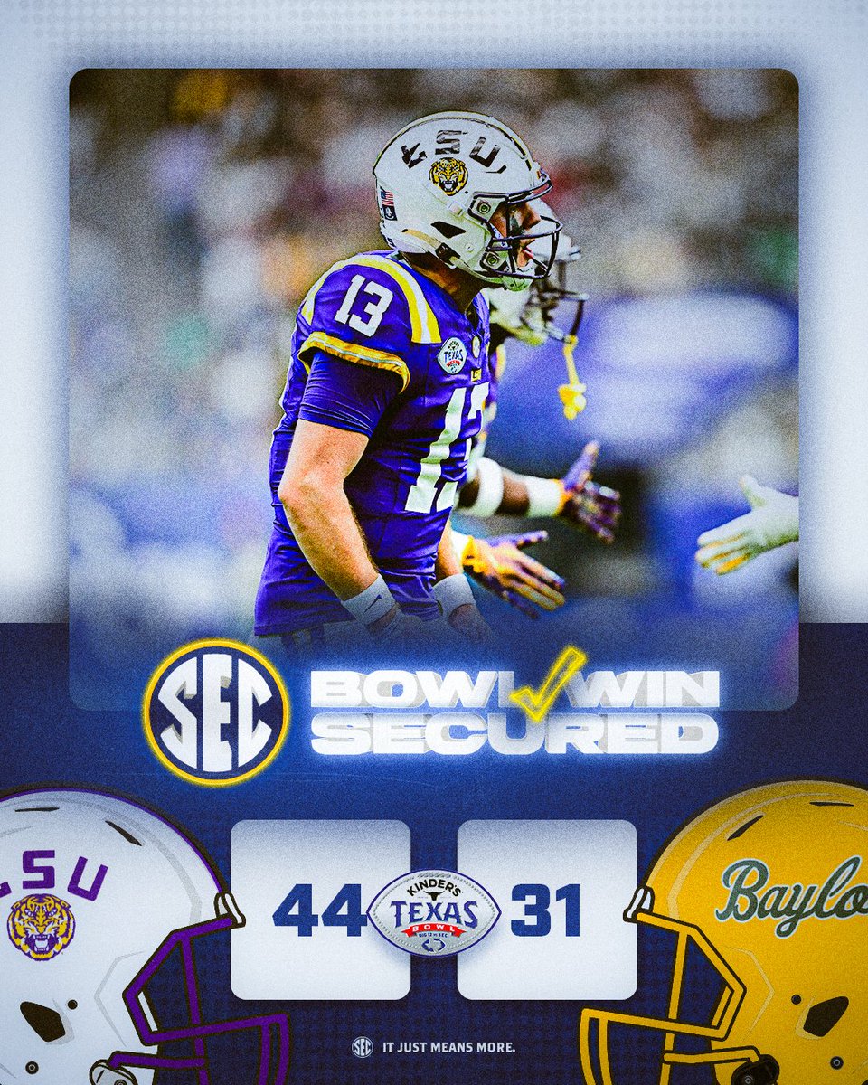 Southeastern Conference (@sec) on Twitter photo BOWL WIN SECURED. βοΈ
<a href="/LSUfootball/">LSU Football</a> brought the offensive firepower in a <a href="/TexasBowl/">Kinder's Texas Bowl</a> win over Baylor! π₯
<a href="/BowlSeason/">Bowl Season</a> x #ItJustMeansMore BOWL WIN SECURED. βοΈ
<a href="/LSUfootball/">LSU Football</a> brought the offensive firepower in a <a href="/TexasBowl/">Kinder's Texas Bowl</a> win over Baylor! π₯
<a href="/BowlSeason/">Bowl Season</a> x #ItJustMeansMore
