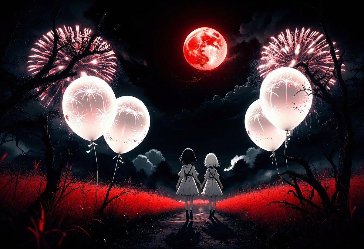 justamirageAI's tweet photo. Red Moon. Red Grass. 2 Girls. Dark Path. Balloons. Fireworks.

#aiart https://t.co/pCrxSpQlhA