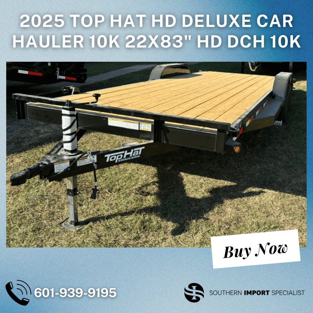 southernImport's tweet image. 🚛 2025 Top Hat Hd Deluxe Car Hauler 10K 22x83" HD DCH 10K #CarHauler

✨ Forged A-frame coupler
🔧 7000# drop leg jack
⚡ Electric 4-wheel brakes
🛠️ Rear slide-n-ramps
💡 Sealed LED lights

💰Financing and rent-to-own options available

📞601-939-9195 | 🔗buff.ly/41QA4gU