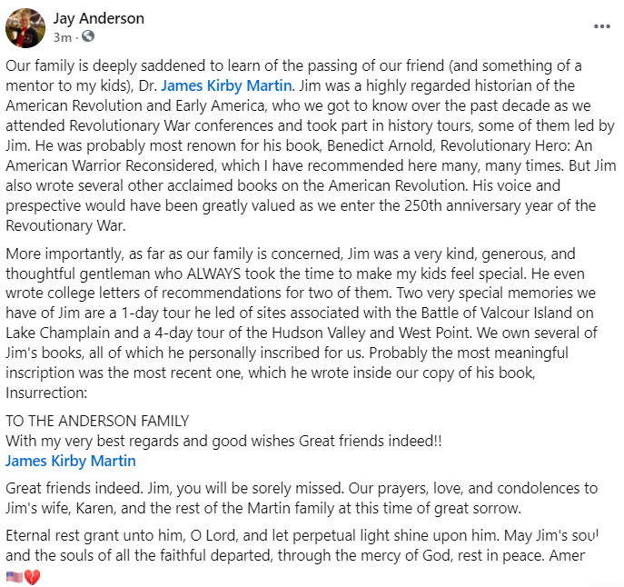 ColumbiaMayor's tweet photo. Rest in peace our dear friend, Dr. James Kirby Martin.

Jim was not only a highly regarded historian of the Rev War, he was a kind, generous, thoughtful gentleman who ALWAYS took time to make my kids feel special. He even wrote college letters of recommendations for 2 of them. 💔 https://t.co/vWvm77VDAq