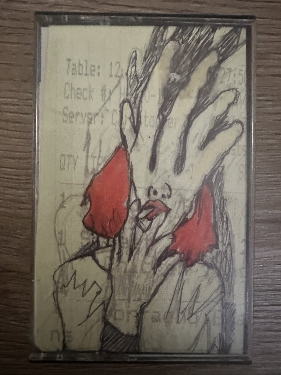 blacktongueNFT's tweet image. Got my cassette tape from my new favorite band, Smoking Hand, fronted by the prolific ⁦@Daxterpiece⁩. Complete with art drawn on a restaurant receipt. #Table12 🚬✋