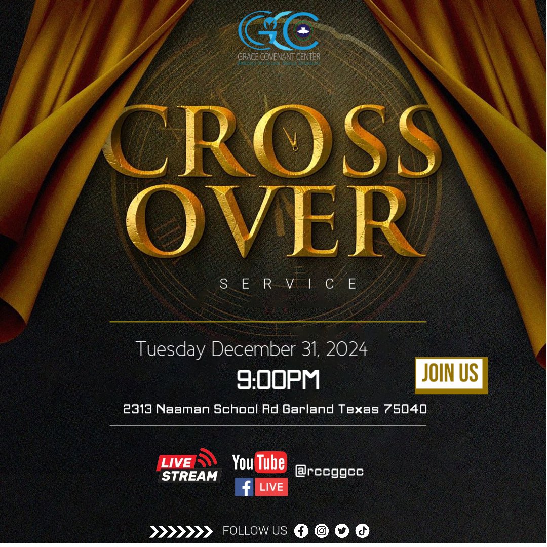 RCCGGCC's tweet photo. Step into 2025 with power and purpose! ✨ Join us for an unforgettable Crossover Service as we give thanks for 2024 and step boldly into a new year of blessings and breakthroughs.
📅 Date: Tuesday, December 31, 2024
🕘 Time: 9:00 PM https://t.co/tUnKe3ZyHZ