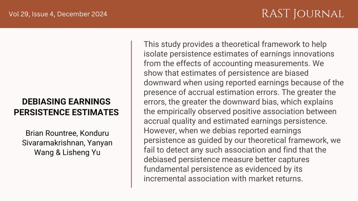 Accrual quality and earnings persistence: linked or misleading? This study unveils how accounting measurement errors skew persistence estimates—and what happens when we debias them. A must-read for accounting researchers! #DecemberIssue rdcu.be/d5lJZ