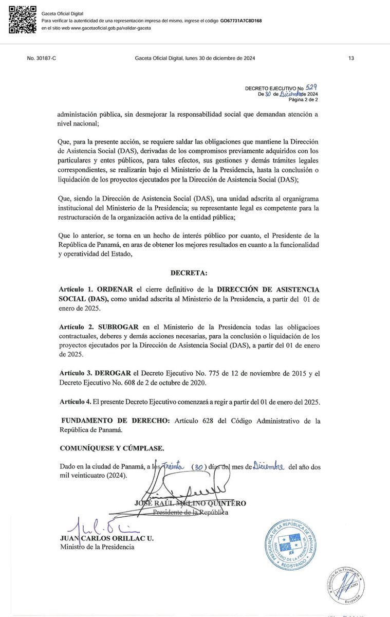 pulsopty's tweet photo. #LoÚltimo| El presidente de la República @JoseRaulMulino firmó el Decreto Ejecutivo que ordena el cierre definitivo de la Dirección de Asistencia Social (DAS) antiguo, PAN y FIS. https://t.co/1vXqcsJgjg