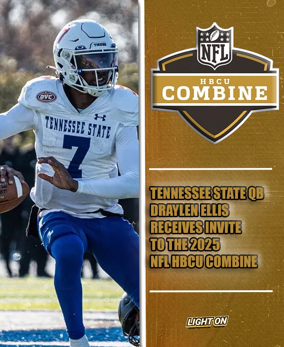 LIGHT ON COLLEGE SPORTS (@lightonsports) on Twitter photo Tennessee State QB Draylen Ellis has been invited to the 2025 NFL HBCU Combine. 🐅🔥
(via <a href="/DRAYLEN7ELLIS/">Draylen Ellis</a>) Tennessee State QB Draylen Ellis has been invited to the 2025 NFL HBCU Combine. 🐅🔥
(via <a href="/DRAYLEN7ELLIS/">Draylen Ellis</a>)