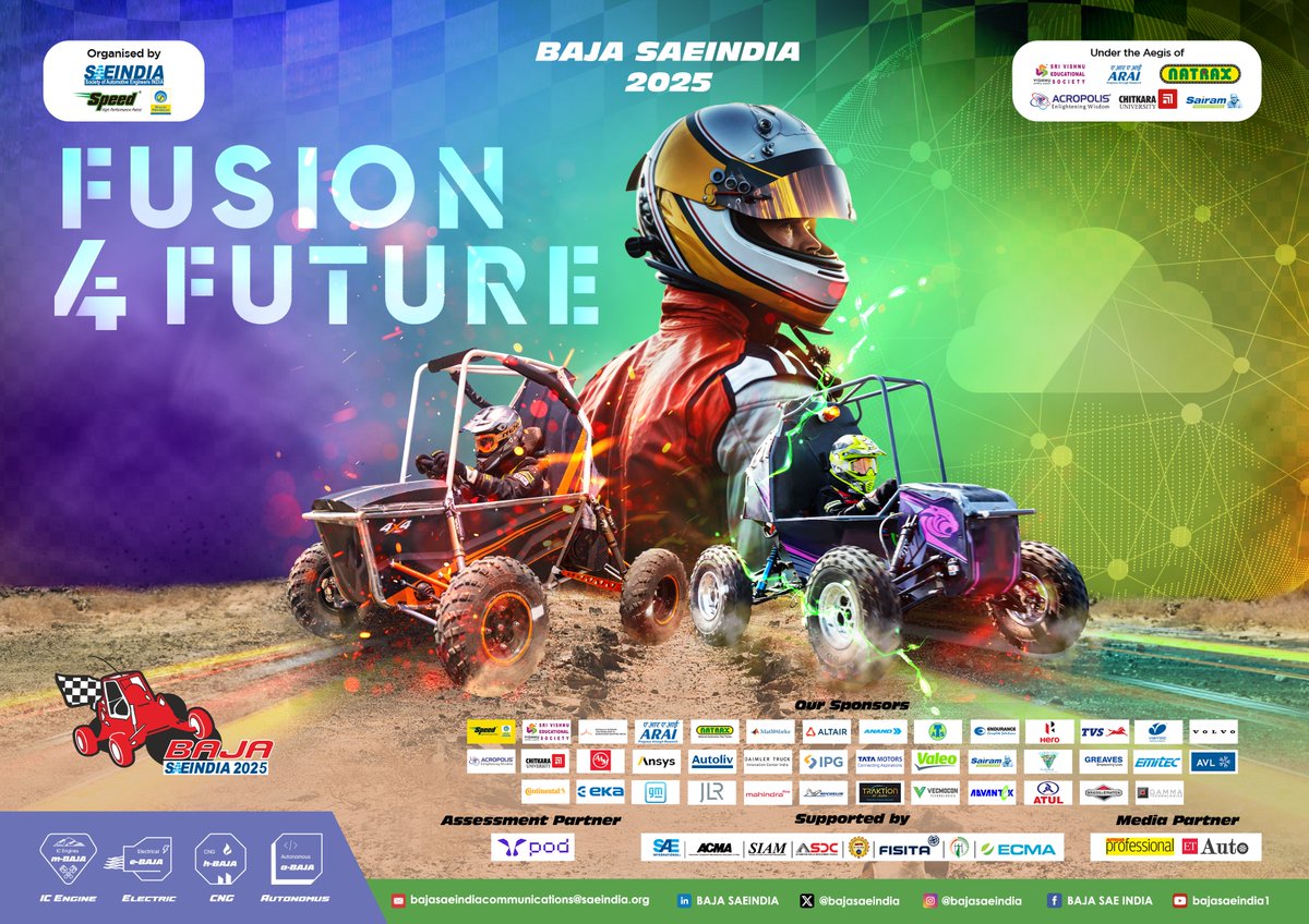 BAJASAEINDIA's tweet photo. We are thrilled to unveil the theme for BAJA SAEINDIA 2025: “𝗙𝘂𝘀𝗶𝗼𝗻 𝟰 𝗙𝘂𝘁𝘂𝗿𝗲.”
The stage is set, the vision is bold, and the future is now.
𝗪𝗲𝗹𝗰𝗼𝗺𝗲 𝘁𝗼 𝗕𝗔𝗝𝗔 𝗦𝗔𝗘𝗜𝗡𝗗𝗜𝗔 𝟮𝟬𝟮𝟱: 𝗙𝘂𝘀𝗶𝗼𝗻 𝟰 𝗙𝘂𝘁𝘂𝗿𝗲.
#bajasaeindia2025 #fusion4future https://t.co/kjBd1JhPUZ