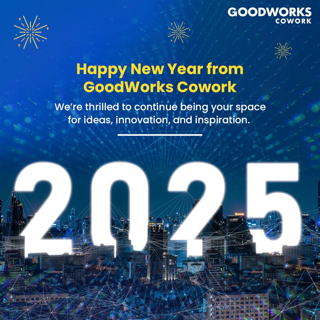 GoodWorksCoWork's tweet photo. Cheers to another year of building community and fostering innovation! Happy New Year from your friends at @GoodWorksCoWork. We can't wait to see what you achieve in 2025. 

#CoworkingCommunity #NewYear2025 #GoodWorks #Bengaluru #CoWorking #Office https://t.co/i7wIEWxNHl