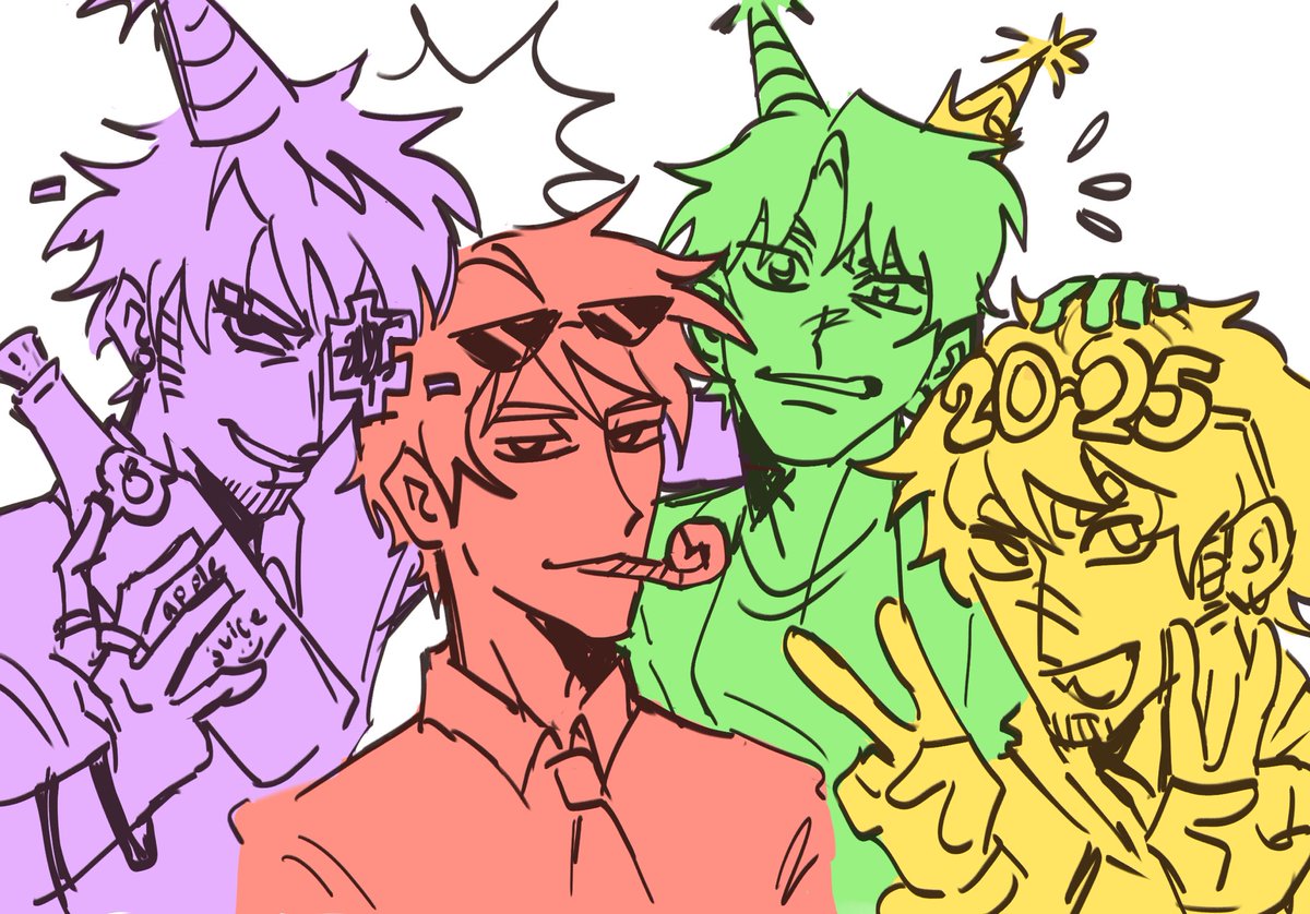 silliestducy's tweet photo. AND A HAPPY NEW MIRE 🎉🎉🎉🎉

drew this in a dark shaky car and got a headache but sacrifices have to be made. happy 2025 everyone!! #ashswagfanart #reddoonsfanart #kyleefffanart #princezamfanart https://t.co/N8bTnhHOKm