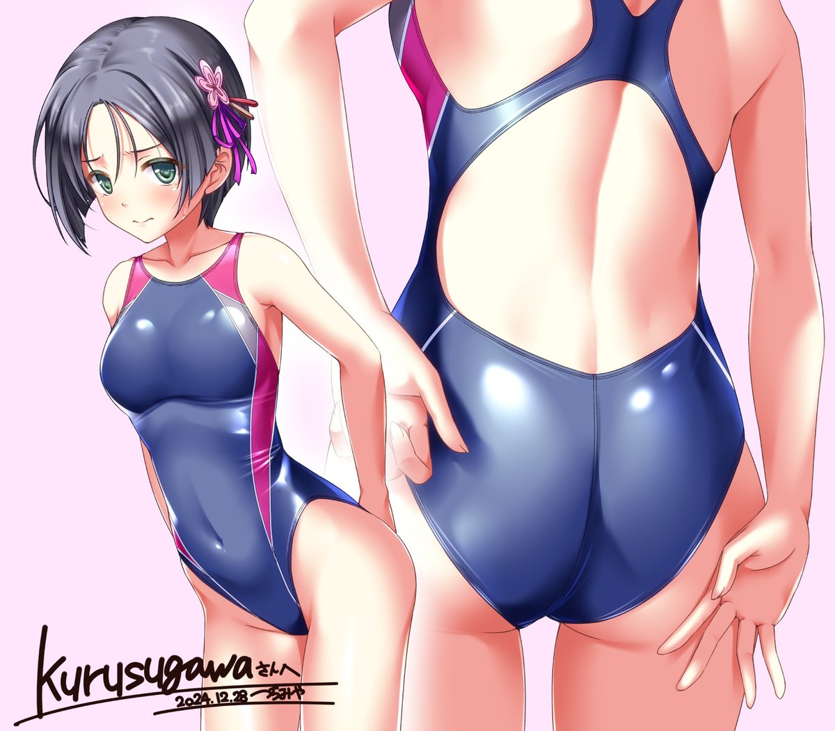 kurusugawaA's tweet photo. お正月と言えば巫女！つちみや様(@A_Tsuchimiya
)に競泳水着な閑倉五十鈴を描いて頂きました！ありがとうございました！#オーガスト #千桃 https://t.co/h3KOnlBNSs