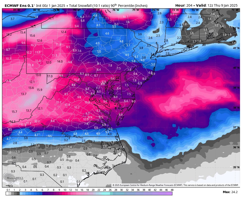 10th, 50th and 90th percentile snowfall means from the EPS tonight for our threat on the 6th. This signal at this juncture is amazing to see, especially from the EPS; additionally, given the antecedent cold airmass, ratios should be even higher than 10:1.