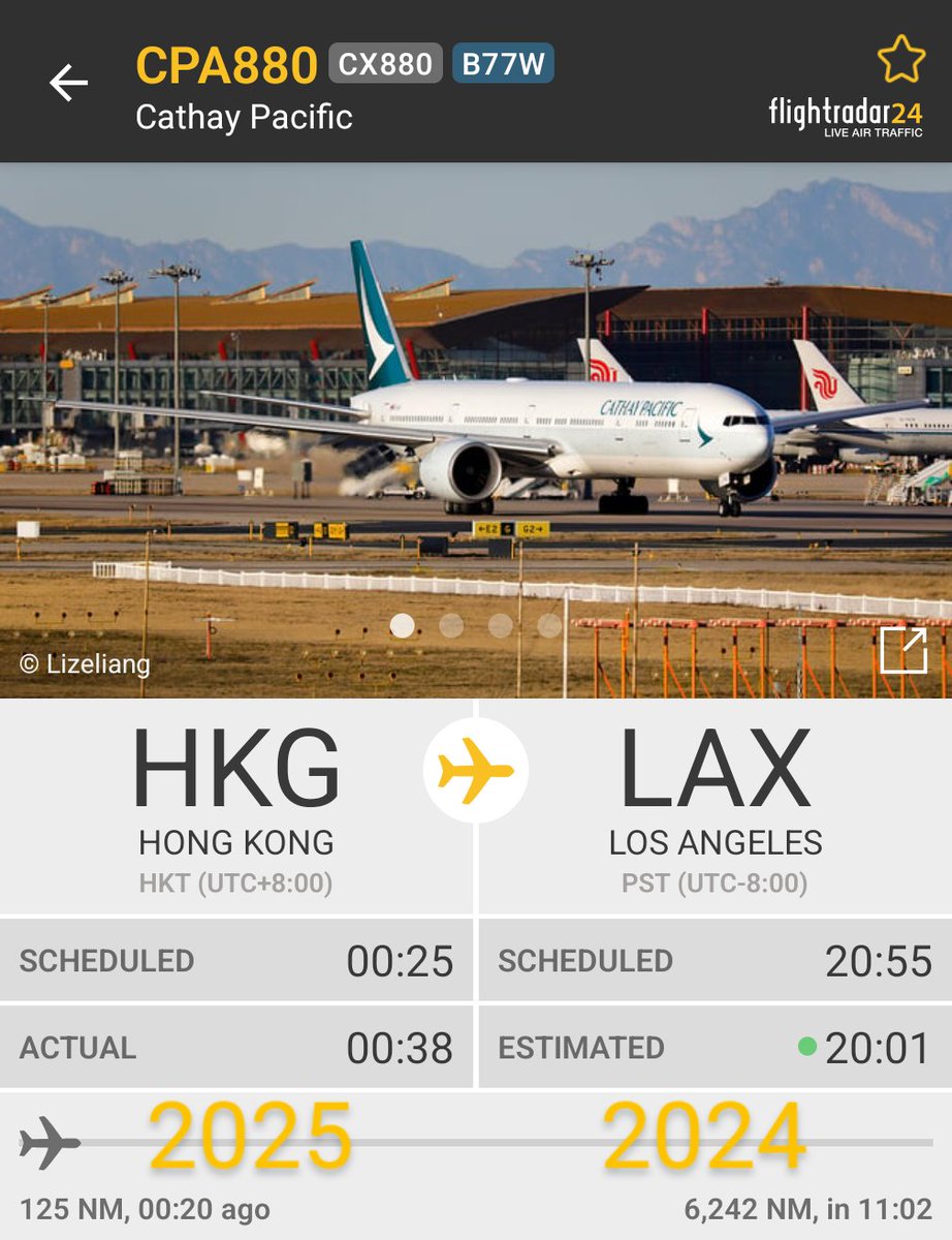 Nalanda_index's tweet photo. This flight took off from Hong Kong in 2025 and will land in Los Angeles back in 2024 π€―π€― #firstpost2025 https://t.co/RsKo88c1ta