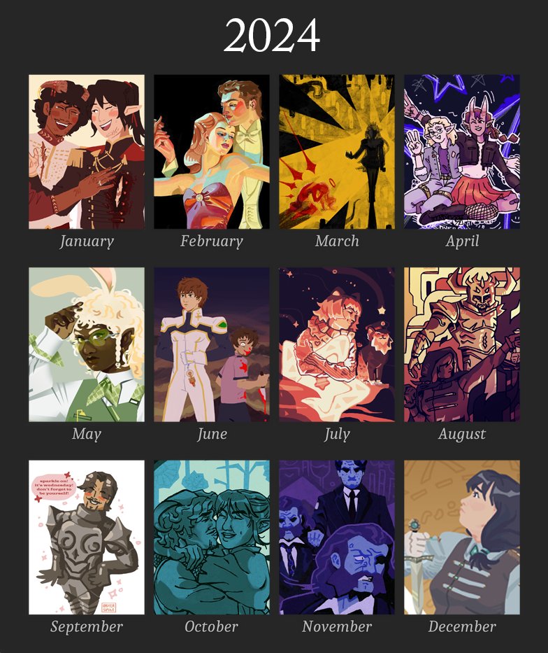 2024 art summary!

i didn't get to make as many fully rendered pieces as last year, but i DID meet a lot of new goals--i drew an eight page disco elysium comic (!!!), finished a sketchbook in record time, and studied lots of anatomy and composition--so in the end i'm happy
