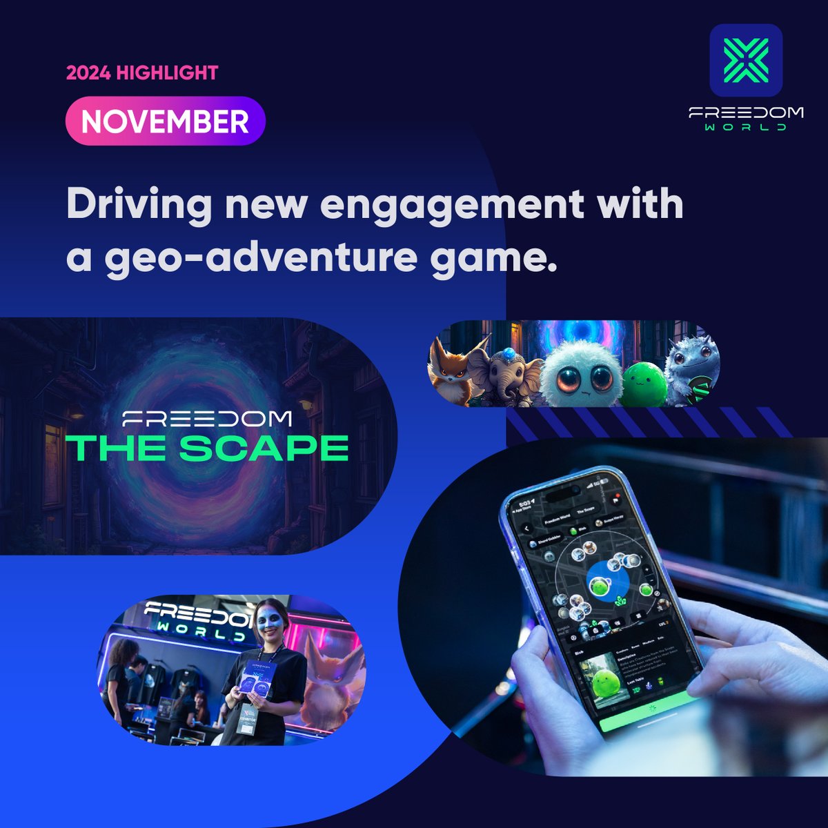 fdmetaverse's tweet photo. Then, in #November, we launched our very own turn-based geo-adventure game, #TheScape, where battling monsters in real life became the new normal, and we reached new levels of #UserEngagement on the #FreedomWorld app. 🎮 #GamifiedExperience #Web3Gaming https://t.co/KUcHnHG4yI