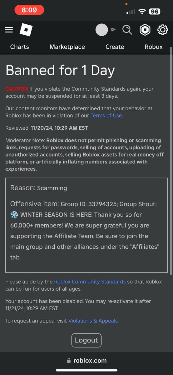 kyorvia's tweet photo. I got banned for a day… not a deleted account but still dumb. It was for asking someone to move in a game. Days prior I got banned for “scamming” with my Dress To Impress Affiliate Team group shout when nothing was a scam… anyone know how to fix my ban and get my history fixed? https://t.co/nGdORY98V9