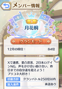 ozyoh's tweet photo. クラン「月花桐（つきのはなきり）」メンバー 募集中。

設立来 6年。
49ヶ月連続150位以内継続・最高81位。
凸消化早目（過去100位以内ク��ン中10番目に全凸完了実績あり）。

プリコネ好きで興味ある方は、リプライかDM下さい

#プリコネRクランメンバー募集 
#プリコネR勢と繋がりたい https://t.co/cVu4eaD65G