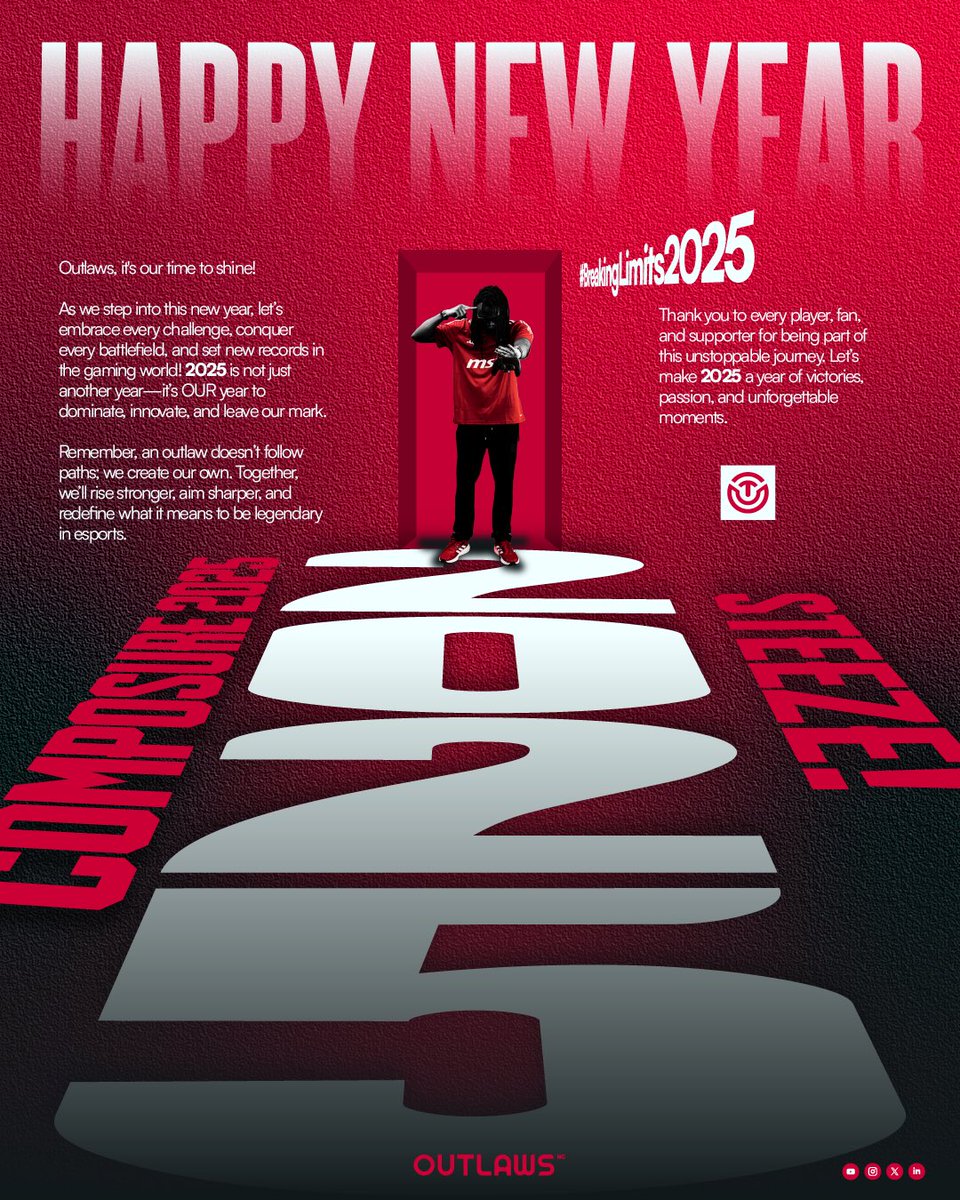 ✨ Happy New Year from Outlaws Esports! ✨

2025 is here, and it’s OUR time to dominate, innovate, and break limits. Thank you to every player, fan, and supporter for being part of this journey. Let’s make 2025 legendary! 💪

#BreakingLimits2025 #OutlawsEsports #HappyNewYear
