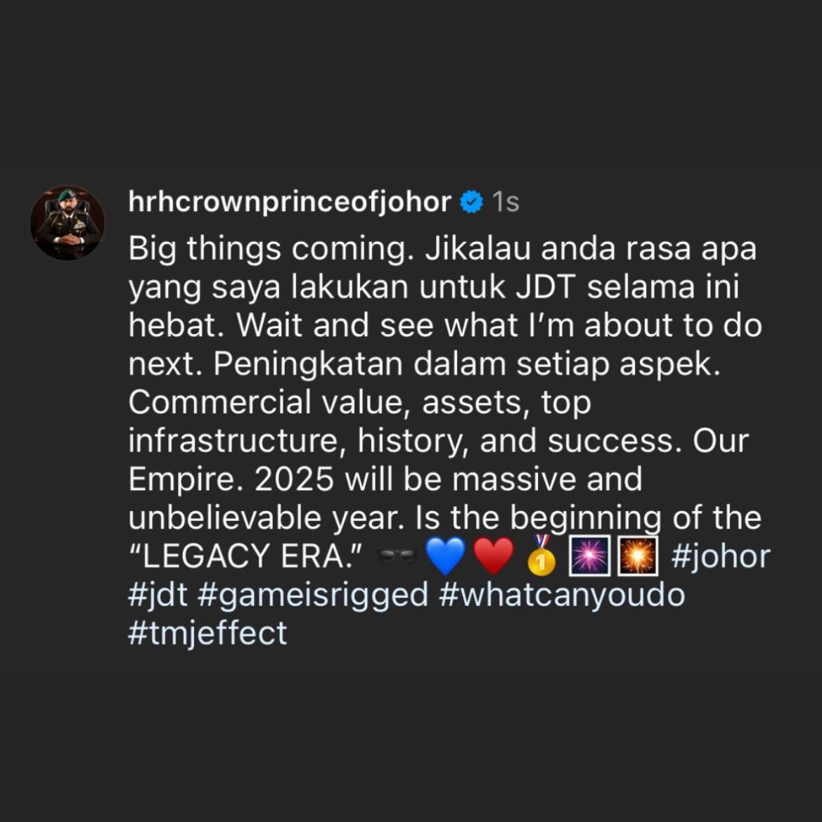 juanbudiman's tweet photo. Selamat tahun baru buat Bangsa Juara, 
Bangsa Jauhar,
Bangsa Permata Selatan,
Bangsa Dengkis &amp; Tepok,
Bangsa Harimau Selatan, 
Bangsa Johor.

Era baharu bakal bermula. #LegacyEra #JDT https://t.co/6jR4YKqbRD