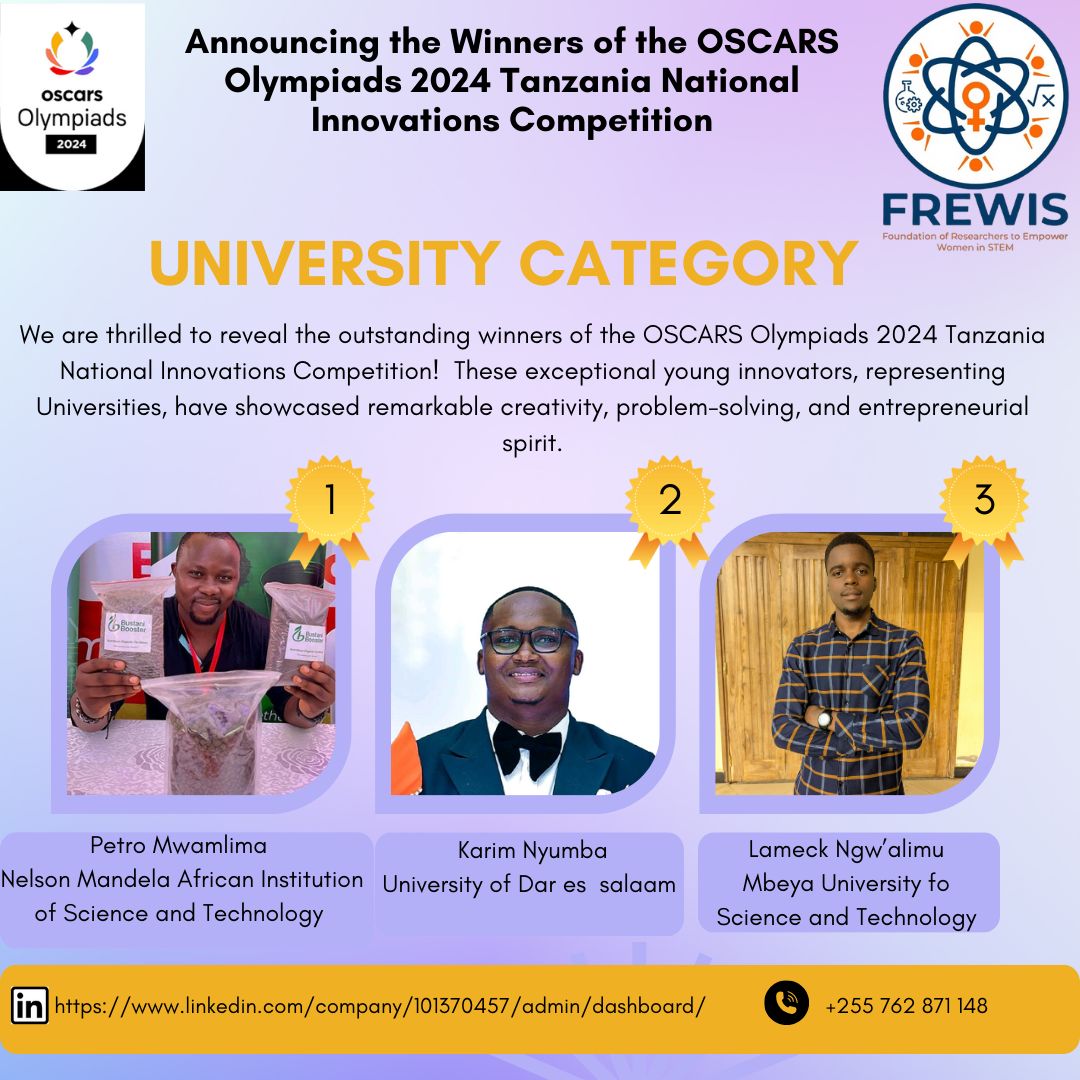 1⃣1⃣. 🎉 Excited to share that I achieved 2nd place in the OSCARS Olympiads 2024 Tanzania National Innovations Competition in the University Category! 🏆

It was a great honor to compete alongside such talented innovators from across Tanzania. 

Huge congratulations to Petro