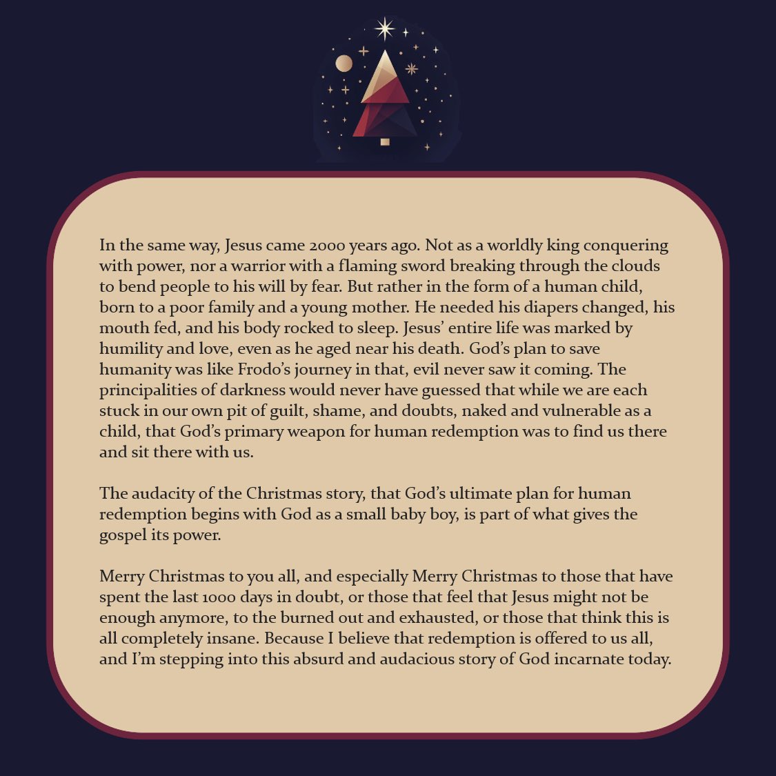 Merry Christmas and Happy New Year!

Sharing something I wrote a couple years back and recently found on my computer. 

Also, Lord of the Rings is perfect.