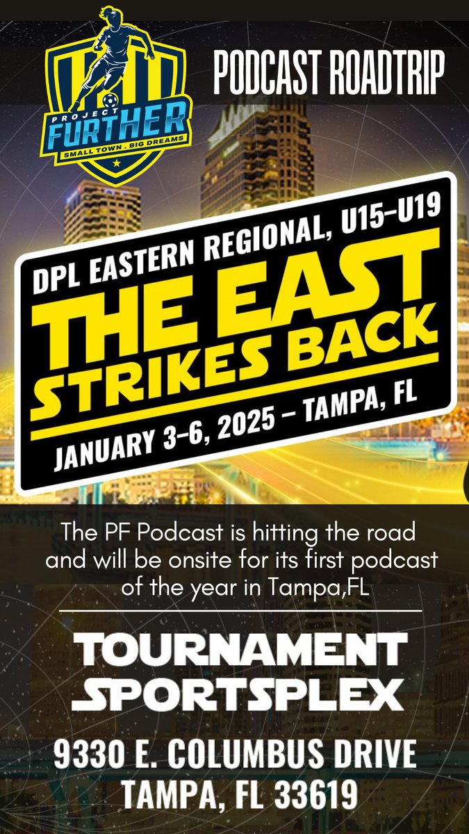ProjFurther's tweet photo. 🚗✨ Project Further Podcast is kicking off the new year on the road! Join us this weekend in Tampa, FL, at the DPL Eastern Regional U15-U19 Showcase. We'll be onsite covering all the action and giving you live updates! https://t.co/J5q7iZFgRm