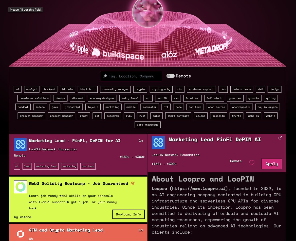 loopin_network's tweet image. Help shape DePIN &amp;amp; DeFi with LooPIN. 

&amp;gt; Seeking a Marketing Lead to drive decentralized AI computing growth. 
&amp;gt; Competitive pay. 

Ready to build the future with us?

👉🏻 web3.career/marketing-lead…