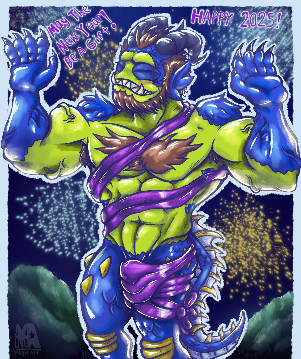 "New Years Greetings From Isan"
•
Happy New years everyone!, I'm Looking forward to 2025, may it be a gift. To celebrate here's my boi Isan. Wrapped and ready to go!. 🎁
•
#HappyNewYear2025 #bara #ocart #orc #DnDcharacter