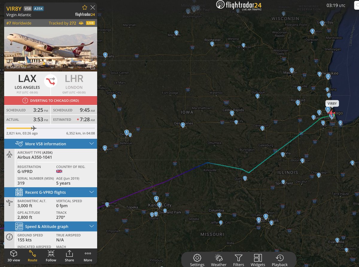 EricTendian's tweet photo. #VS8 is diverting to Chicago-O'Hare for an unknown reason, standby alert called because it's landing heavy. This plane was originally a LAX to LHR (London) flight. https://t.co/u5jq6yw0Pr
#ChicagoScanner https://t.co/xsHnYHBarC