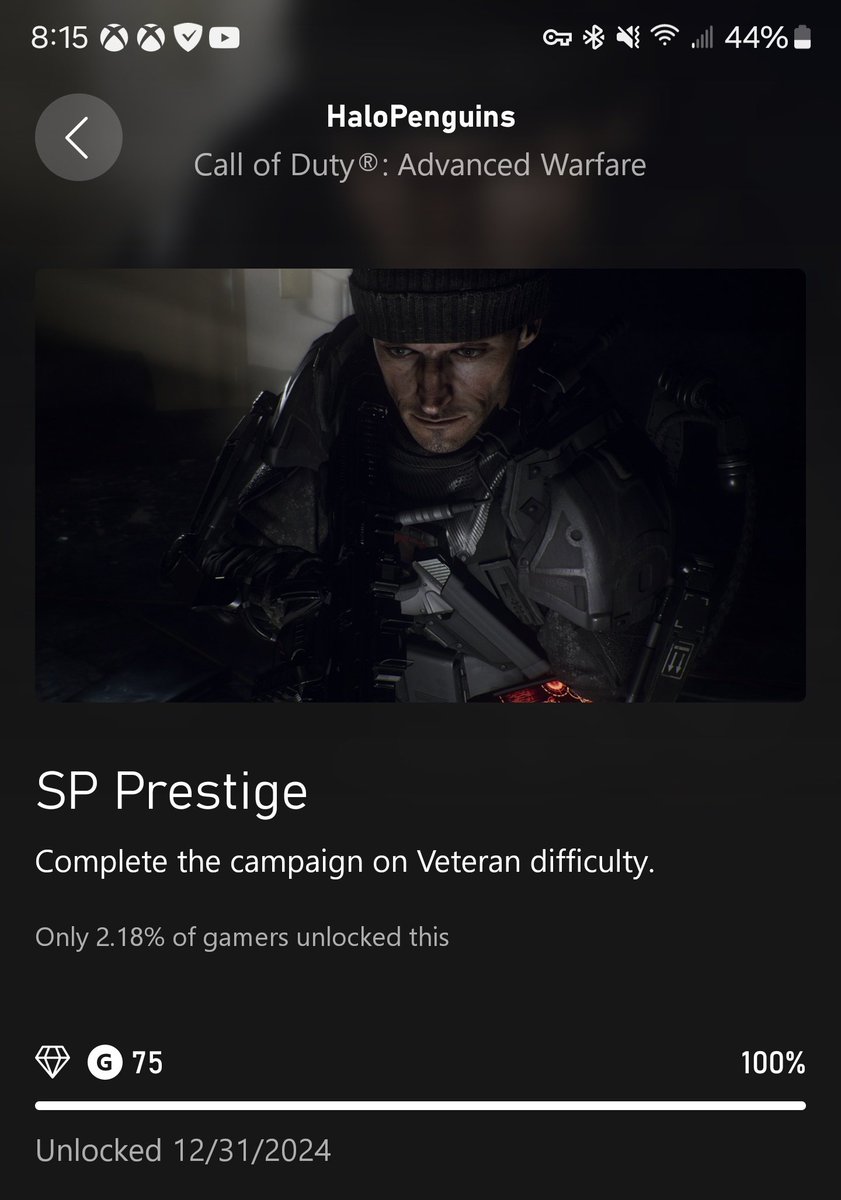 halopenguins's tweet image. Just finished Advanced Warfare on veteran difficulty - what a rush! Ready to tackle my next challenge in the Call of Duty series. #gamerlife #CODAW 🎮💥 #cod