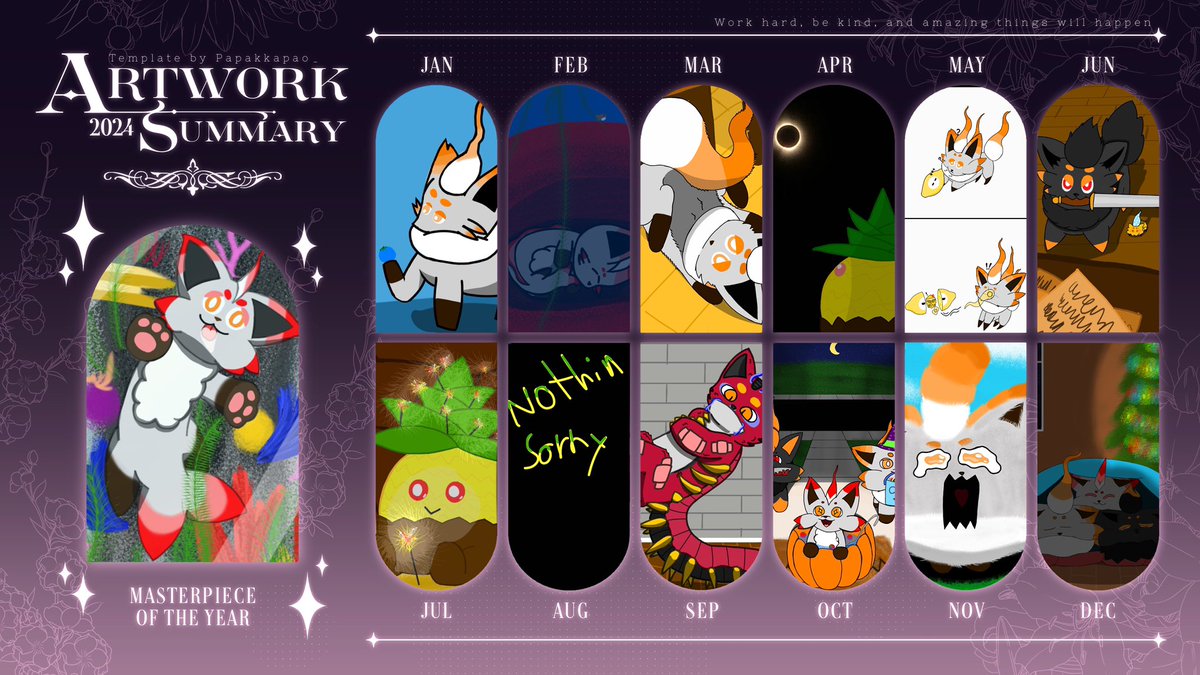 I’ll be honest, didn’t really expect to have much since the majority of my art this year came from the start of the year and artfight… but kinda glad I almost drew at least once a month this year
I’ll try to draw at least once a month next year, happy new year y’all’s