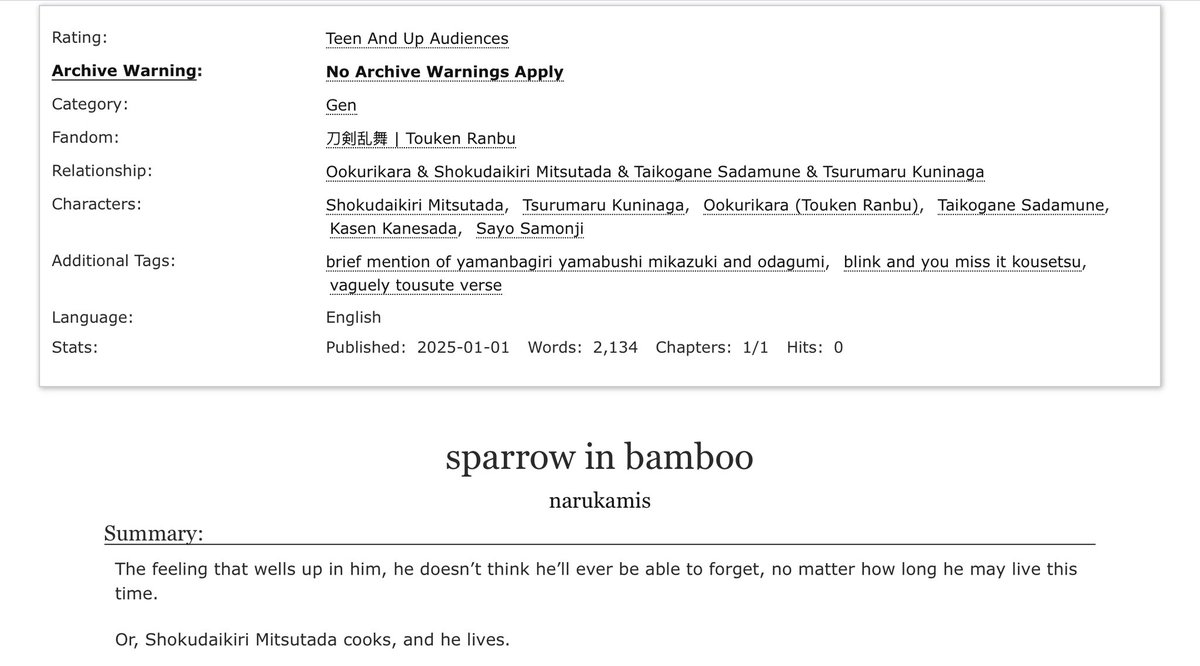 nekogoroshikun's tweet image. HELLO @SmolCroaking I’M SO SORRY I’M LATE! i was your secret santa for #touransecretsanta2024 ! i hope you like dategumi fic 🥹 happy holidays and happy new year!!

sparrow in bamboo / t rated / gen / 2134 words
archiveofourown.org/works/61854949