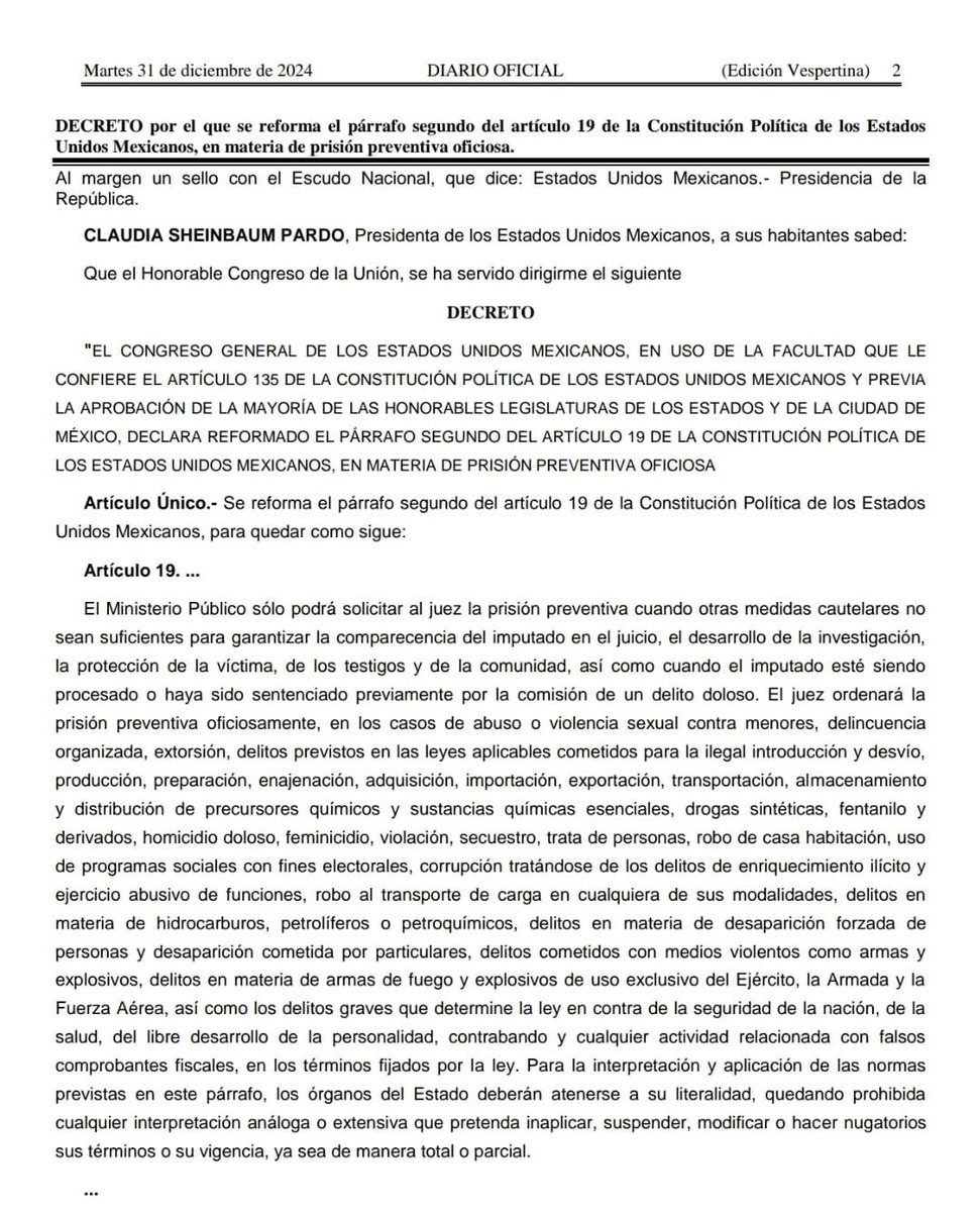 #ÚLTIMAHORA | El último decreto del año 

Se publica en el DOF el decreto constitucional sobre prisión preventiva oficiosa.