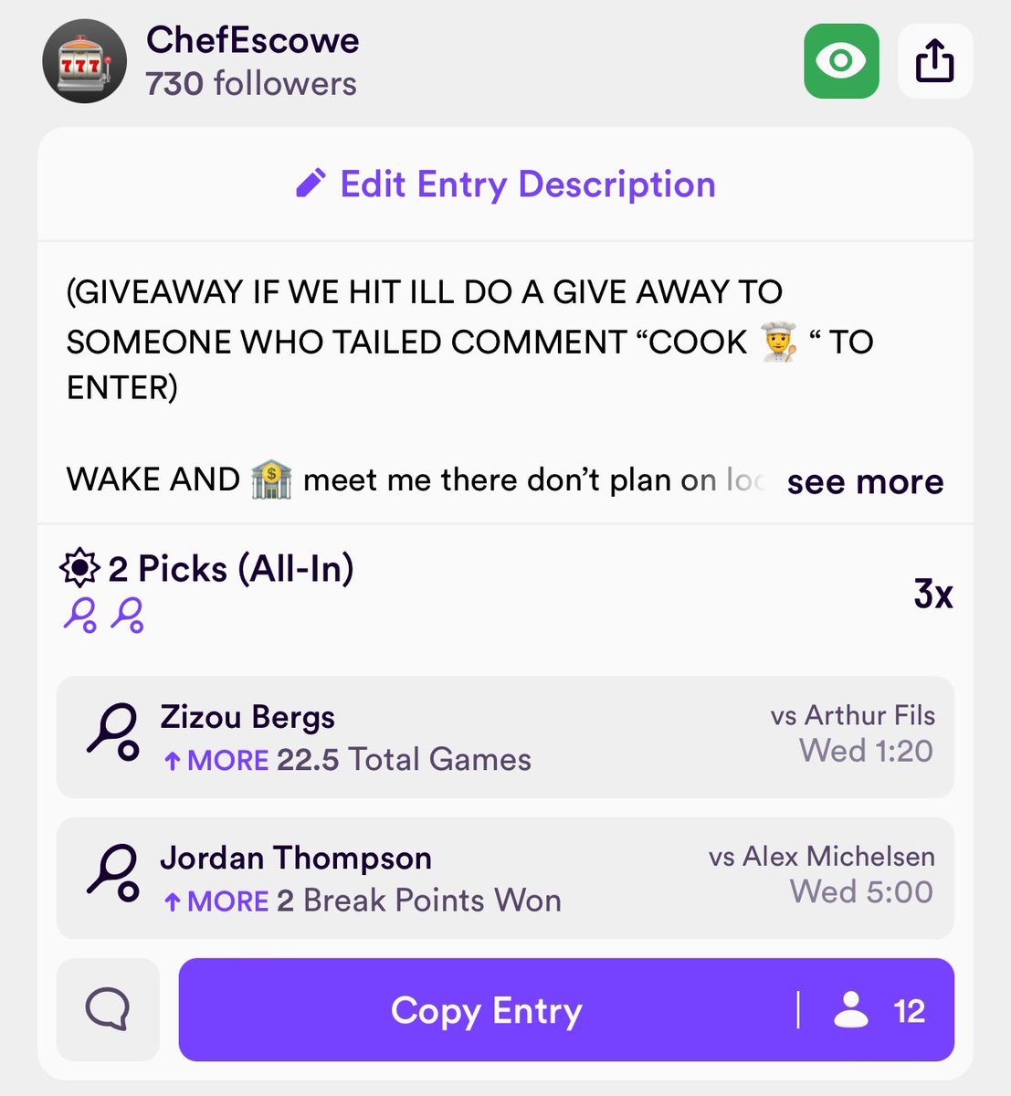 (GIVEAWAY)🎊🎉🍾

Go tail and comment “COOK 👨‍🍳 “ to enter

🧪👨‍🍳
#chefspicks #GamblingX #SportsBettingX