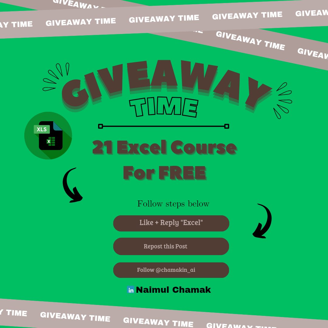 🚨Free Giveaway🚨

"21 Excel Courses" that will help you to crack "Data Analyst" Role at Amazon, Microsoft, Meta, Netflix &amp; Google

I usually sell for $349 but for the next 24 hours its FREE

Retweet &amp; Reply "Excel" to get it for free.

[Must be following] So I can DM you