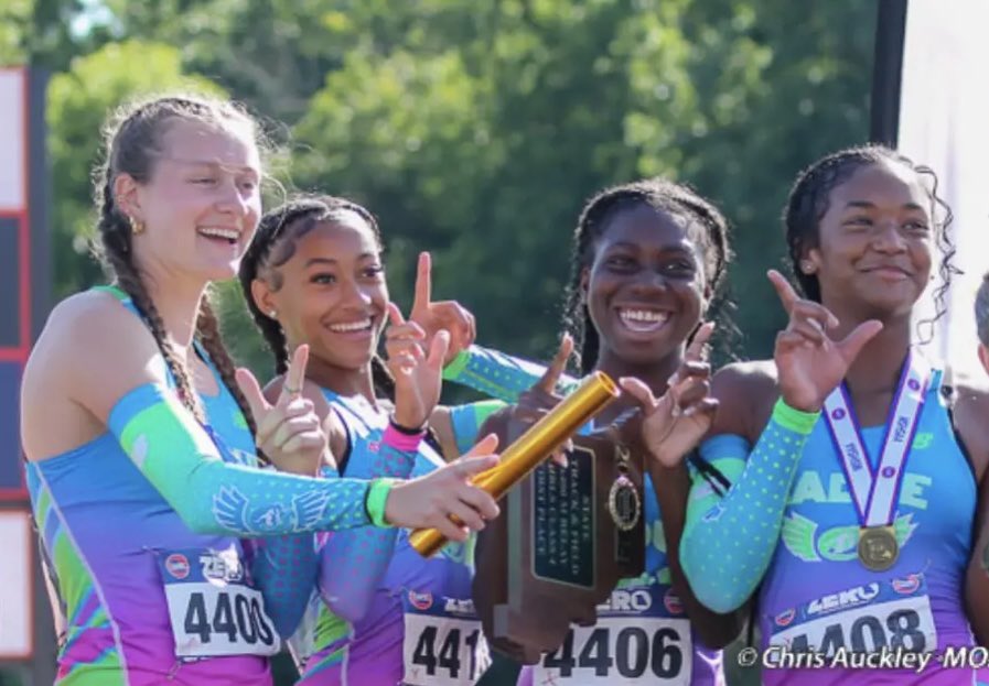 LadueRamsTrack's tweet image. Side shank features our motto “RAM ELITE” how we define our culture. Underlined by stones to match our 4x4 uniforms, both squads sealed the team titles w/ 4x4 wins, girls grabbing the Class 4 State Record (just .2 off the overall). Wings in the background to match our logo.