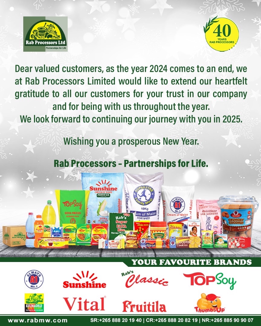 To our valued clients, your trust and support have made the year 2024 incredible. As we step into the New Year, we look forward to continuing this beautiful journey together. Here’s to an amazing year ahead!

#NewYear2025 #rabgroup #rabprocessors #mediaonemw #malawi